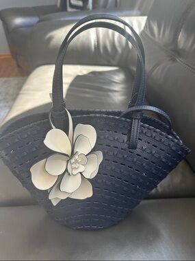 Navy Woven Tote with Cream Floral Accent